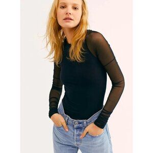 Intimately Free People Black Chic Gothic Long Mesh Scrunch Sleeve Top Size M